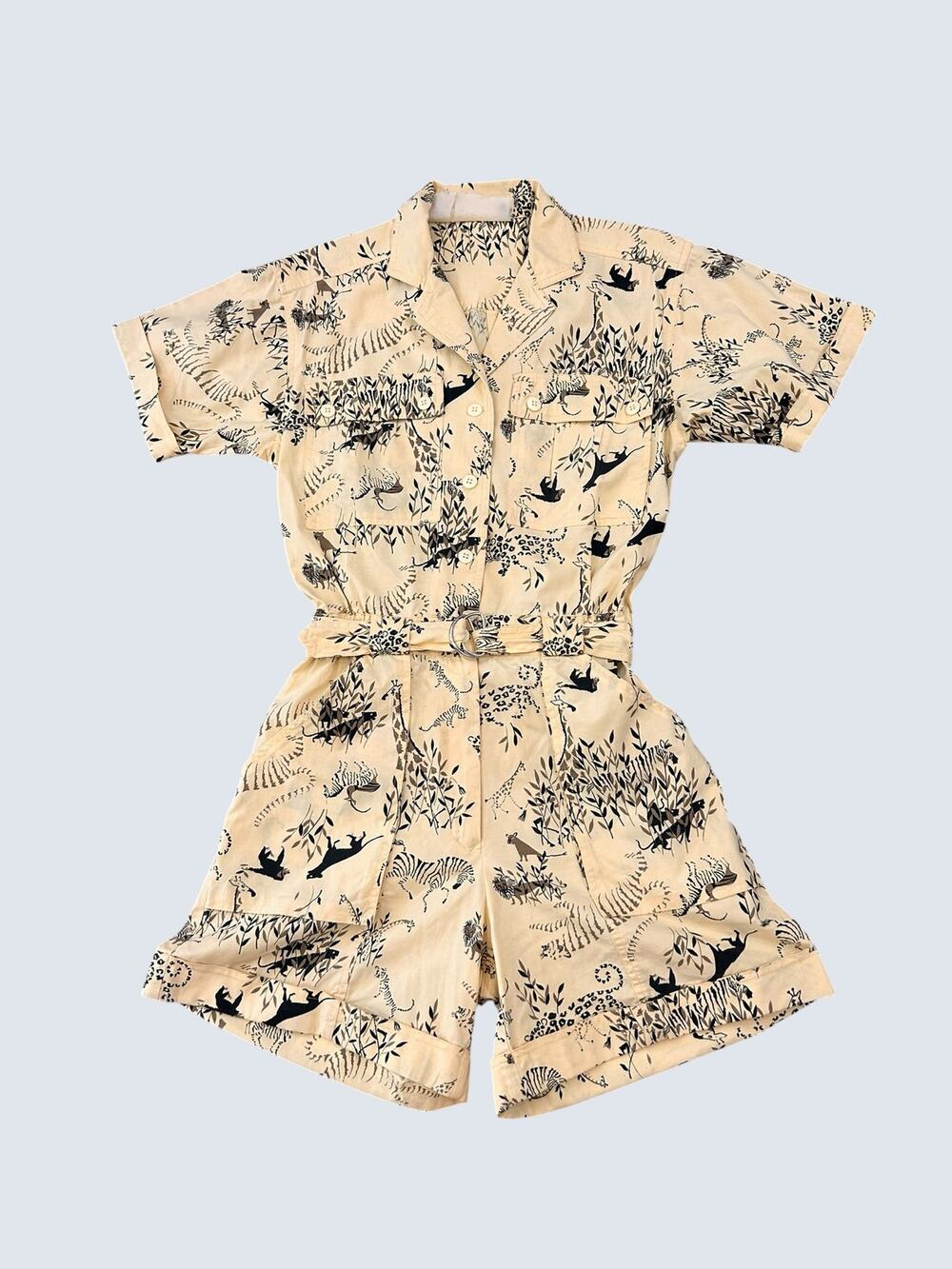Safari Animal Print Romper Womens Small Belted Jungle Utility Short Sleeve -